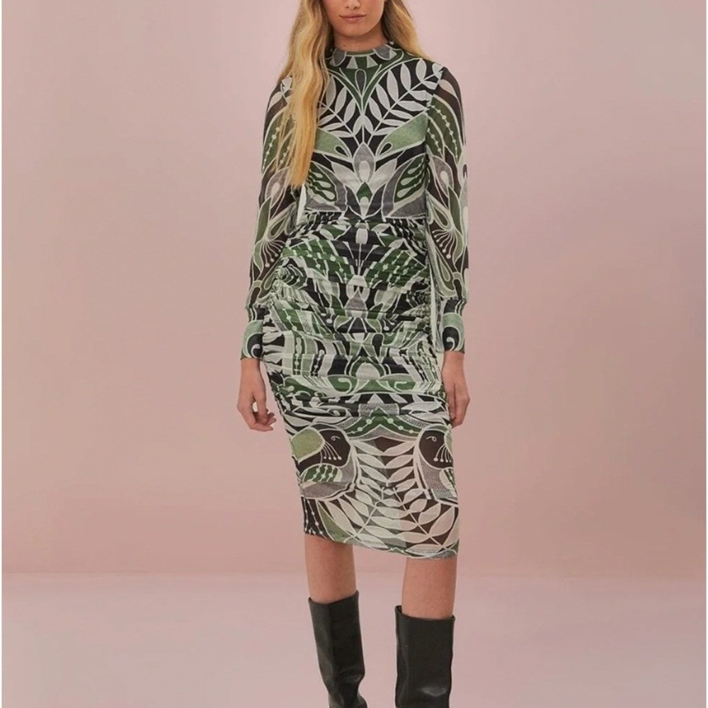 Farm Rio Green Lace Nature Tulle Botanical Mock Neck Midi Dress Boho Glam M NWT - Picture 9 of 11